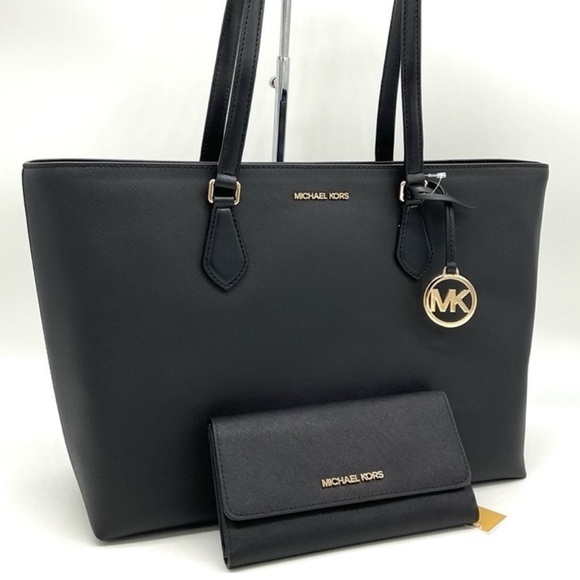 Michael Kors Bag Large Sheila Mf Tote Bag & Large Trifold Wallet Black/Gold - Picture 1 of 14